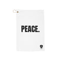 Peace. Golf Towel — White Microfiber Golf Towel with Gold "PEACE." Text, Clip Loop for Bag