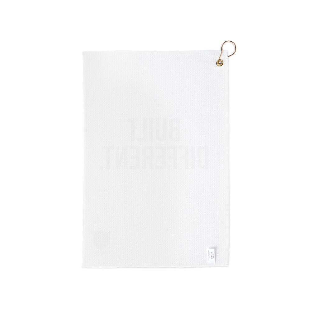 Peace. Golf Towel — White Microfiber Golf Towel with Gold "PEACE." Text, Clip Loop for Bag