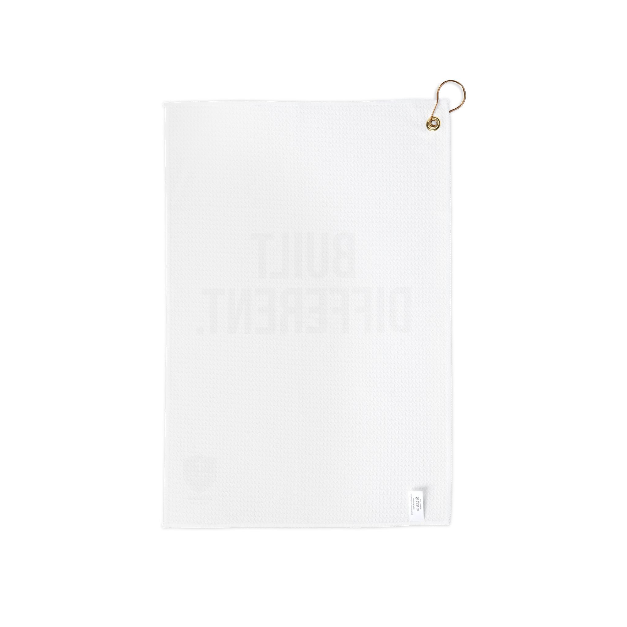Peace. Golf Towel — White Microfiber Golf Towel with Gold "PEACE." Text, Clip Loop for Bag