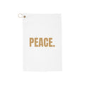 Peace. Golf Towel — White Microfiber Golf Towel with Gold "PEACE." Text, Clip Loop for Bag