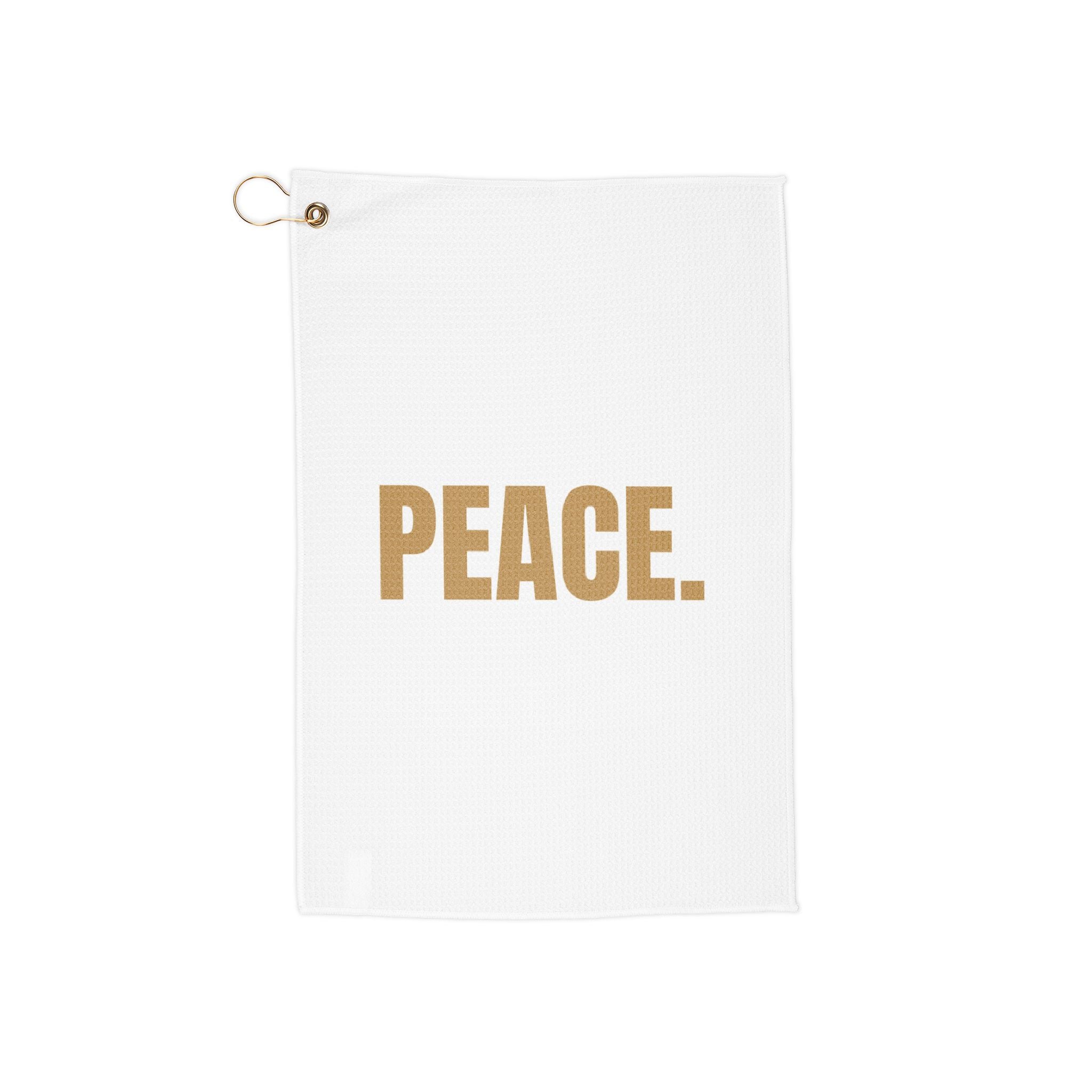 Peace. Golf Towel — White Microfiber Golf Towel with Gold "PEACE." Text, Clip Loop for Bag